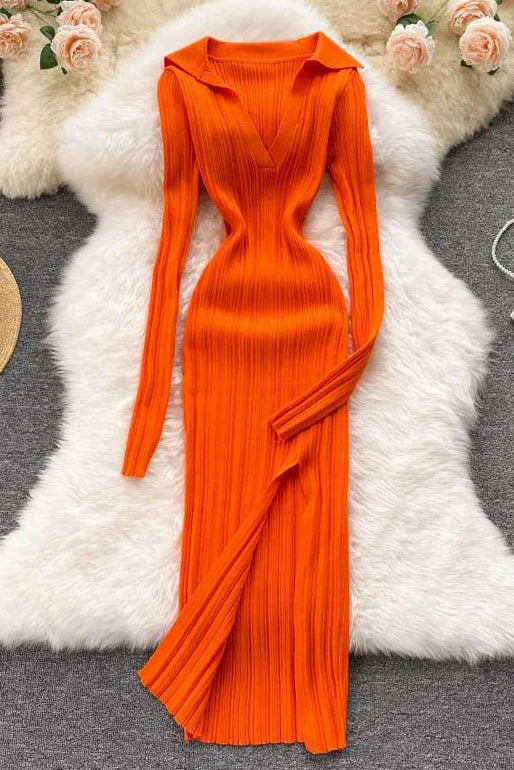 Split Fancy Dress Slim Elastic Wrap Hips Knitted Dress