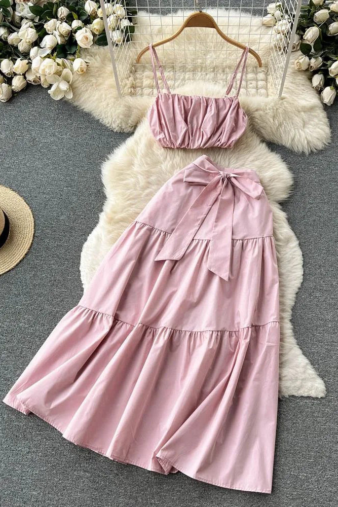 Camis Tops + High Waist Lace-up Long Skirts Beach Two Piece Suits
