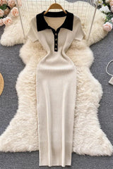 Dress Short Sleeve Slim Knitted Sweater Dress Casual Polo Buttons Long Dress