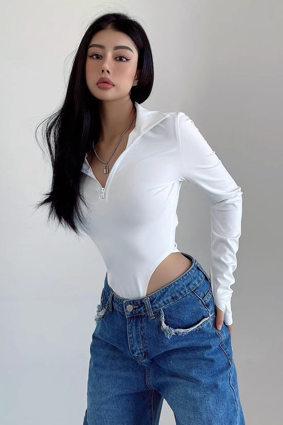 Tight Half Zippered Lapel Bodysuit