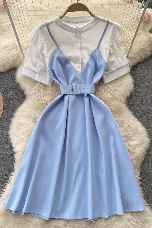 Shirt Dress Fake Two Piece Set Streetwear Midi Long Dress with Belt