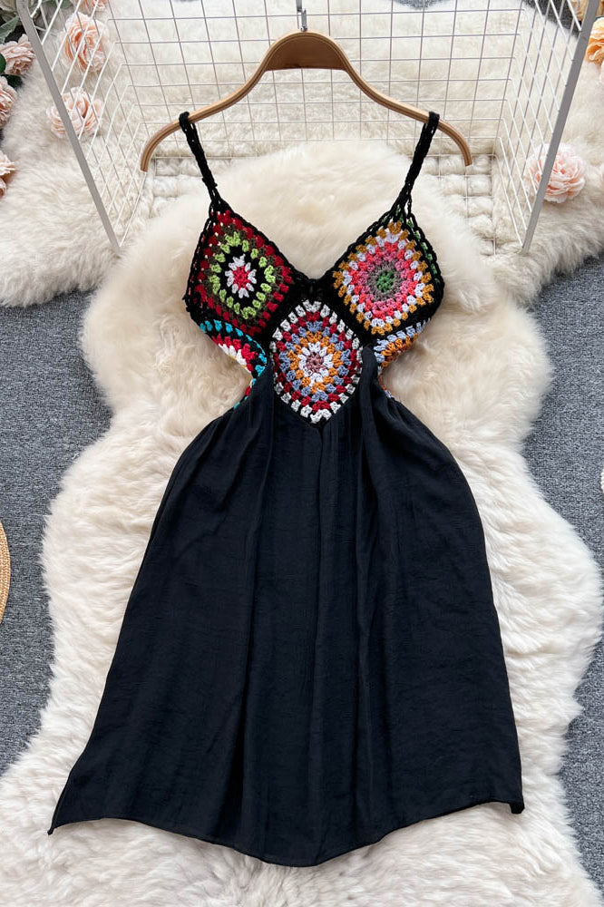 Patchwork Dress Strap Style Hook Hollow Out Ladies Vacation Beach Dresses