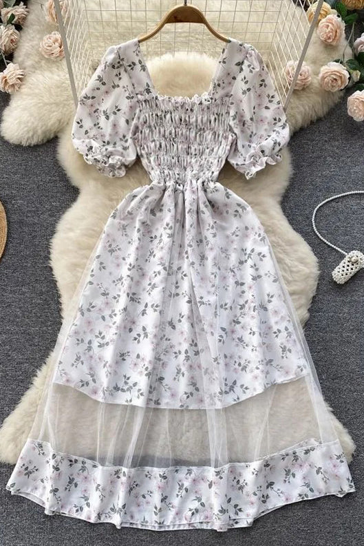 Dress Romantic Floral Print Mesh Patchwork Fake Two Piece Set