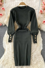 Dress Elegant Puff Sleeve Slim Elastic Knitted Sweater Dress