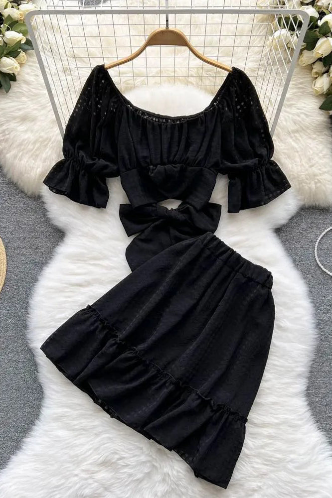 Bow Bandage Crop Tops + Elastic High Waist A-line Mini Skirts Two Piece Suis