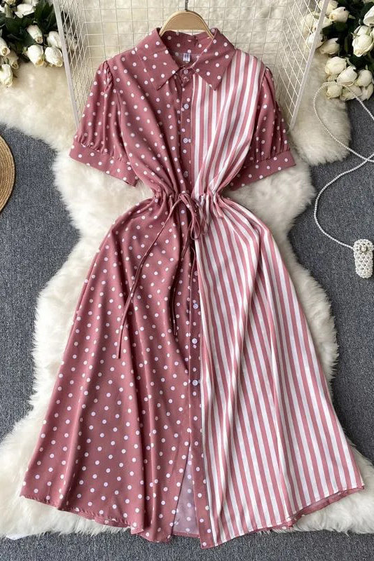Dress Casual All Match Patchwork Dots and Stripes Print Shirt Dress Fake Two Piece Set