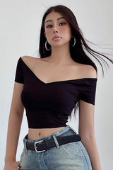Off Shoulder Elastic T-Shirt Large V-Neck Top