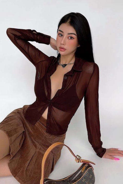Thin Perspective Mesh Long Sleeve Shirt