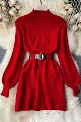Sash Bandage Dress Elegant Puff Sleeve Knitted Short Dress