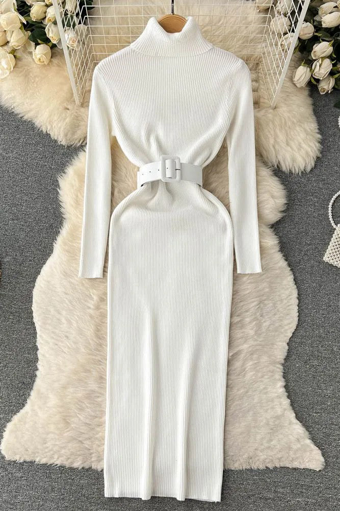 Knitted Elegant Turtleneck Long Sweater Dress with Belt Lady Package Hips Bodycon Dress