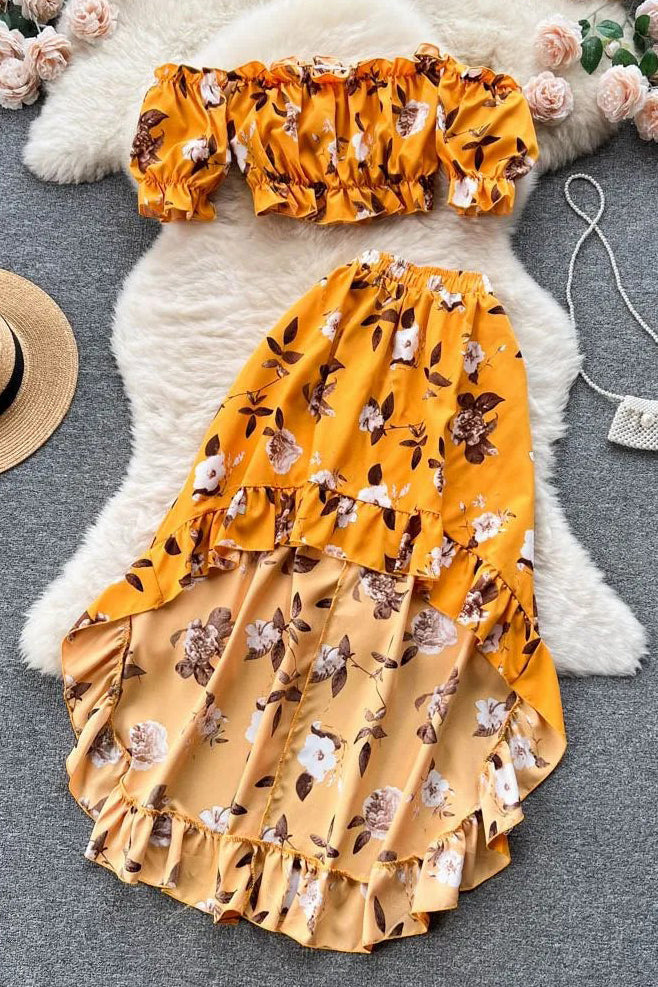 Dress Sets Off Shoulders Floral Print Crop Tops High Waist Ruffled Skirts Suits