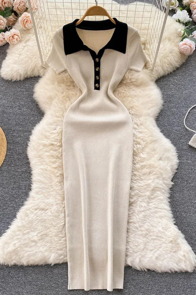 Dress Short Sleeve Slim Knitted Sweater Dress Casual Polo Buttons Long Dress