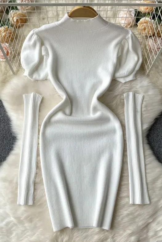 Clothes Puff Sleeve Knitted Bodycon Robe Dresses