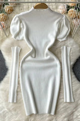 Clothes Puff Sleeve Knitted Bodycon Robe Dresses