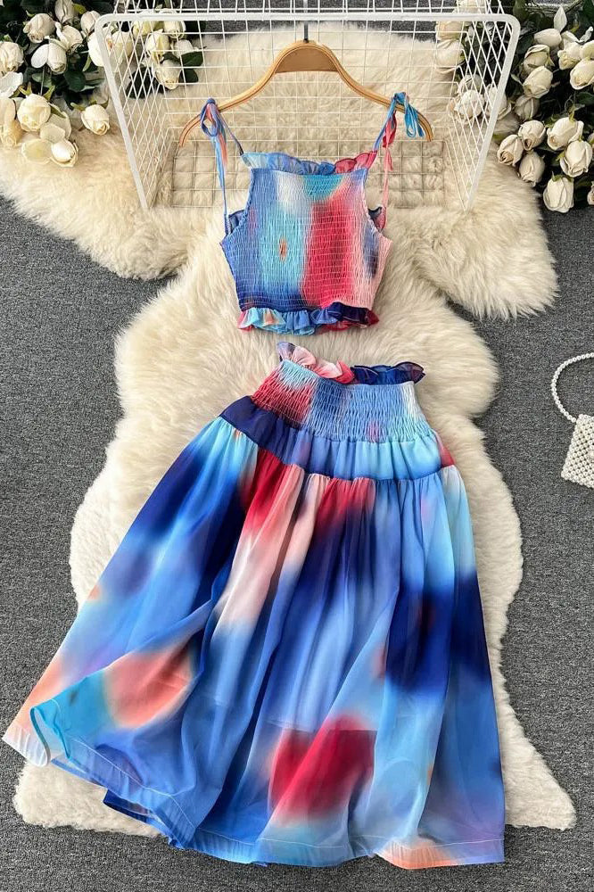 Tie Dye Print Short Strap Cami Tops + High Waist Skirts Beach Two Piece Suits