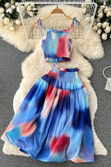 Tie Dye Print Short Strap Cami Tops + High Waist Skirts Beach Two Piece Suits
