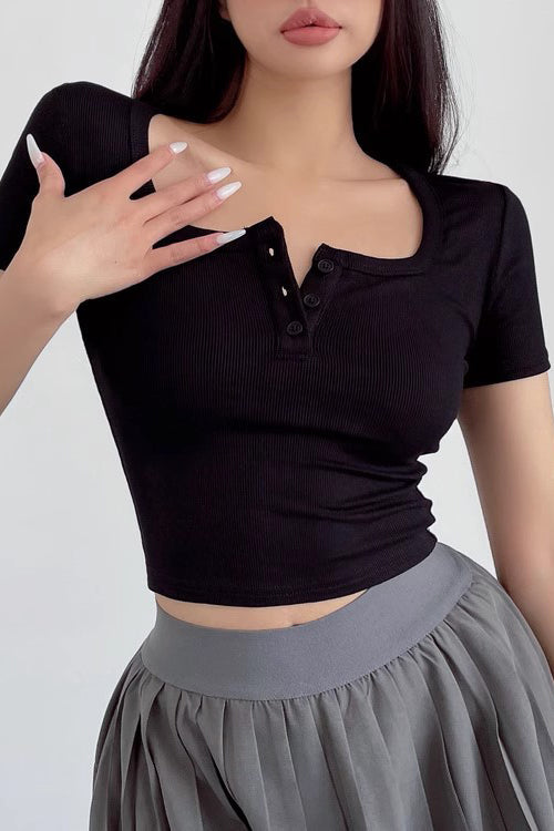 High Waist Button-Neck Short Sleeve T-Shirt Top
