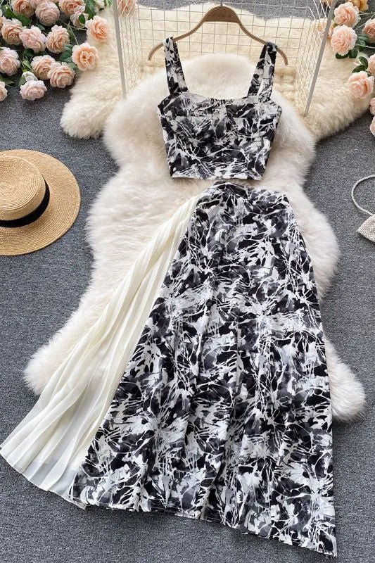 Floral Print Pleated Long Skirts + Straps Short Tops Vacation Two Piece Suits