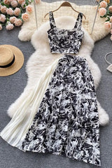 Floral Print Pleated Long Skirts + Straps Short Tops Vacation Two Piece Suits
