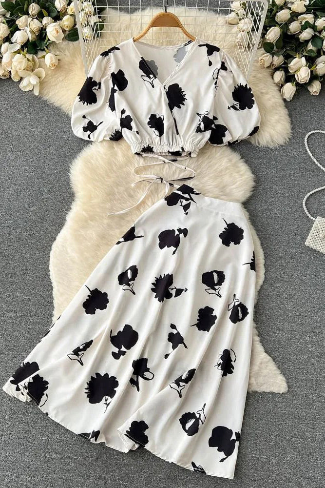 Floral Print Bandage Crop Tops + A-line Knee-length Skirts Two Piece Suits