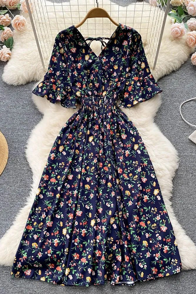 Floral Print Romantic Dress Slim Elastic Waist Long Dress