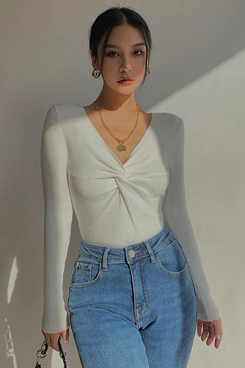 V-neck Long Sleeve Knitted Top