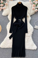 Dress Elegant Turtleneck Knitted Sweater Dress with Belt Lady Wrap Hips Bodycon