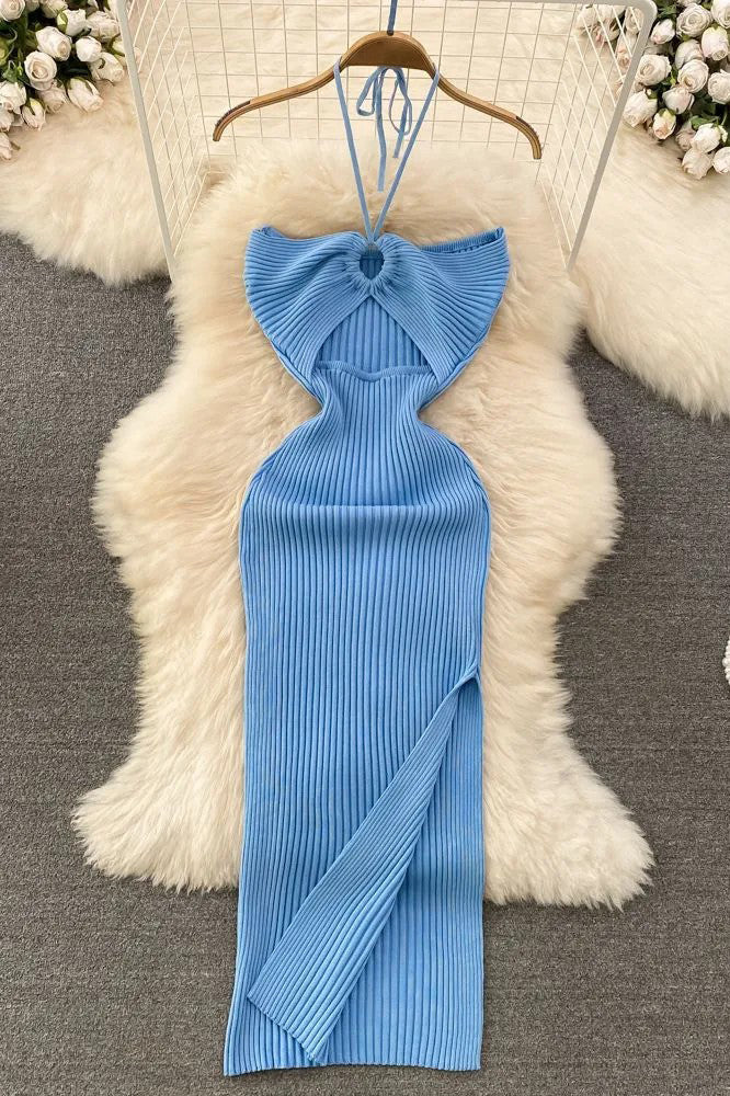 Dress Knitted Strapless Wrap Hips High Split Bodycon Dress
