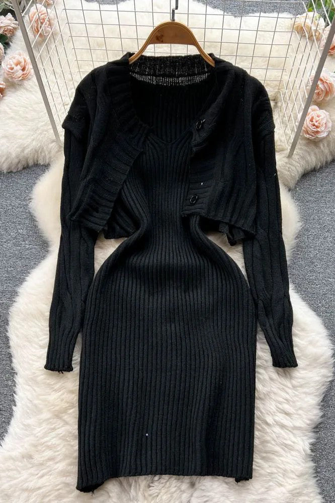Knitted Straps Bodycon Mini Dress and Full Sleeve Short Cardigans Sweaters