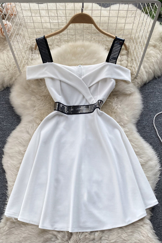 Sequins Off Shoulder Dress Backless Zipper Strap Slash Neck Slim Ladies A Line Mini Dresses