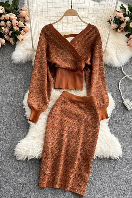 Comfy Dress Elegant Two Piece Set Knitted Tops And Pencil Skirts