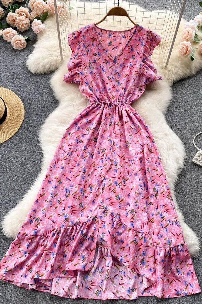 Floral Print Dress Casual Ruffled Elastic Waist Asymmetrical Long Dress