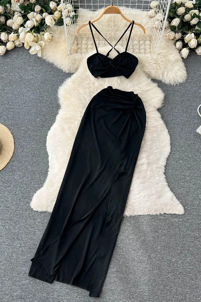 Beach Cami Tops + High Split Long Skirts Two Piece Suits