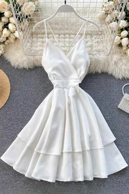 Backless Bow Bandage Beach Dress V-neck Strap Double Ruffles Short Dress