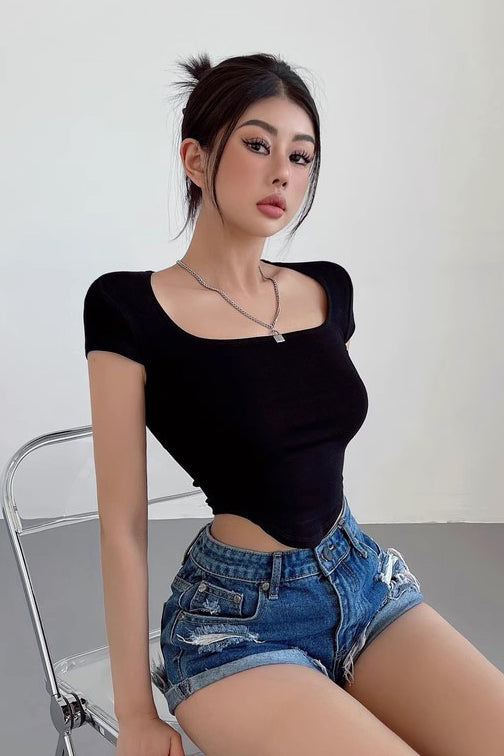 Square Collar Short Sleeved T-Shirt Top