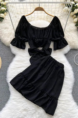 Bow Bandage Crop Tops + Elastic High Waist A-line Mini Skirts Two Piece Suis
