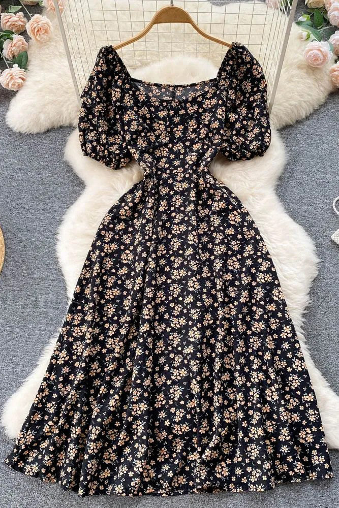 Dress Ruffled Puff Sleeve Slim Lace Up Floral Print Long Dress