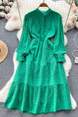 Embroidery Dress Lantern Sleeve Slim Hollow Out Ladies A Line Long Dress