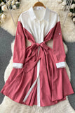 Belt Patchwork Long Sleeve Dress All Match Blouse Shirt Dress