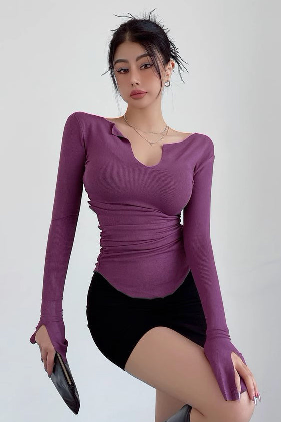Waistband Large V-Neck Long Sleeved T-Shirt Tight Top