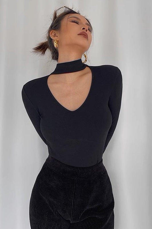 Hanging Neck Long Sleeve Underlay Elastic Top