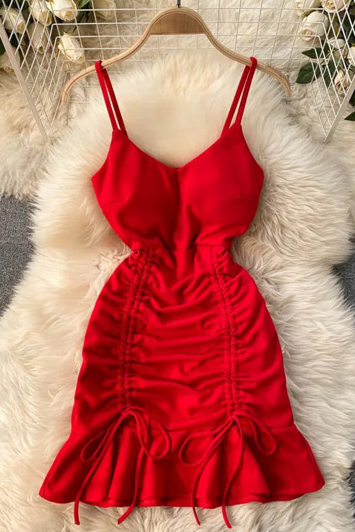 Mini Bodycon Dress Drawstring Ruched Dress Sheath Ruffled Strap Dress