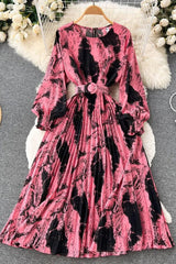 Dress Print Pleated Long Dress Female Elegant Sash Bandage Party Dress