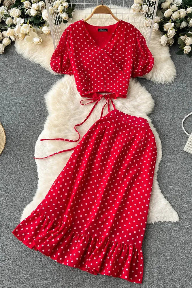 Polka Dot Bandage Crop Tops + High Waist Ruffle Skirts Female Two Piece