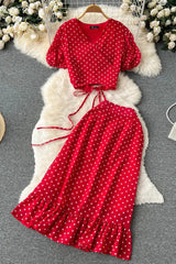 Polka Dot Bandage Crop Tops + High Waist Ruffle Skirts Female Two Piece
