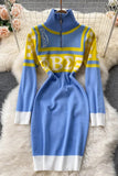 Sweater Dress Letters Print Stretchy Knitted Dress Zipper Fly Bodycon Dress