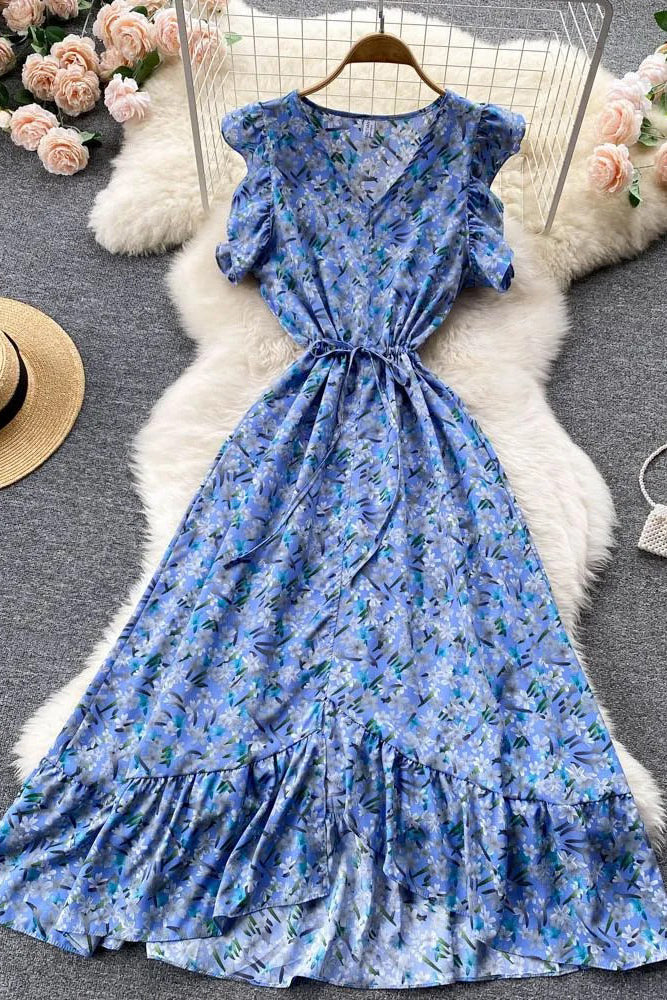 Floral Print Dress Casual Ruffled Elastic Waist Asymmetrical Long Dress
