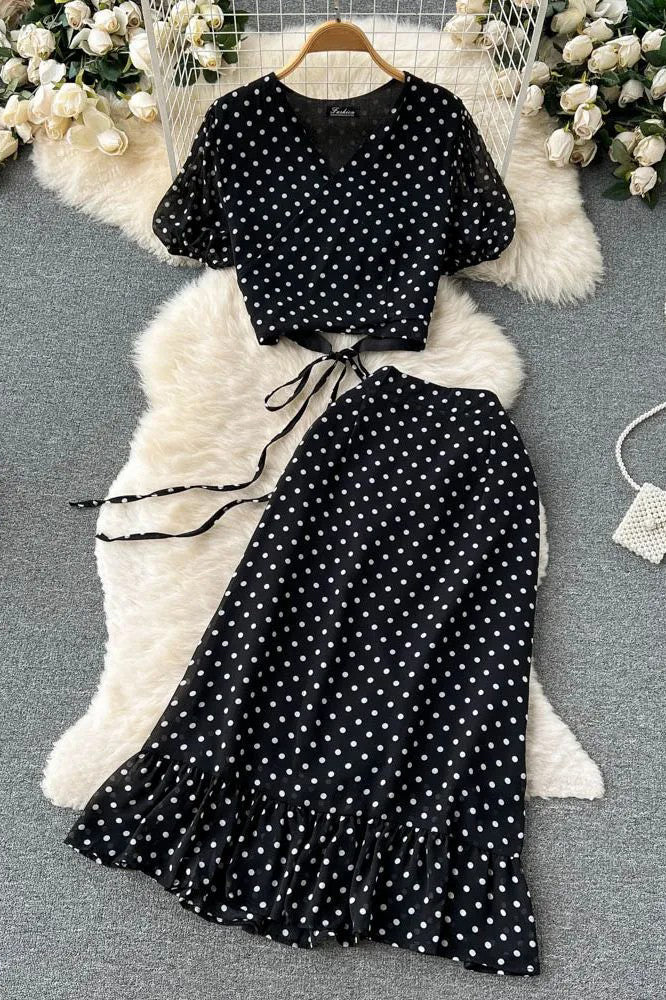 Polka Dot Bandage Crop Tops + High Waist Ruffle Skirts Female Two Piece