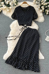 Polka Dot Bandage Crop Tops + High Waist Ruffle Skirts Female Two Piece