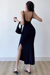 Backless High Split V-Neck Strap Tight Wrap Hip Long Dress